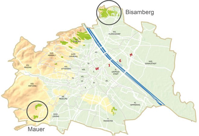 Wien Karte – Weinlagen Bisamberg und Mauer